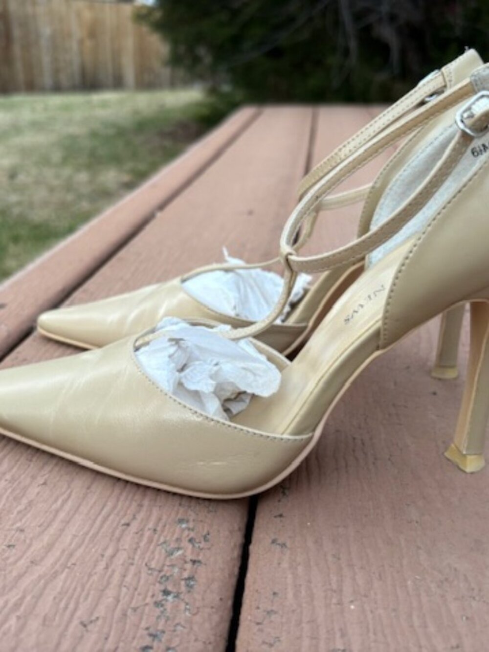 Newport News leatherT-straps beige high heels sz 6.5 worn once